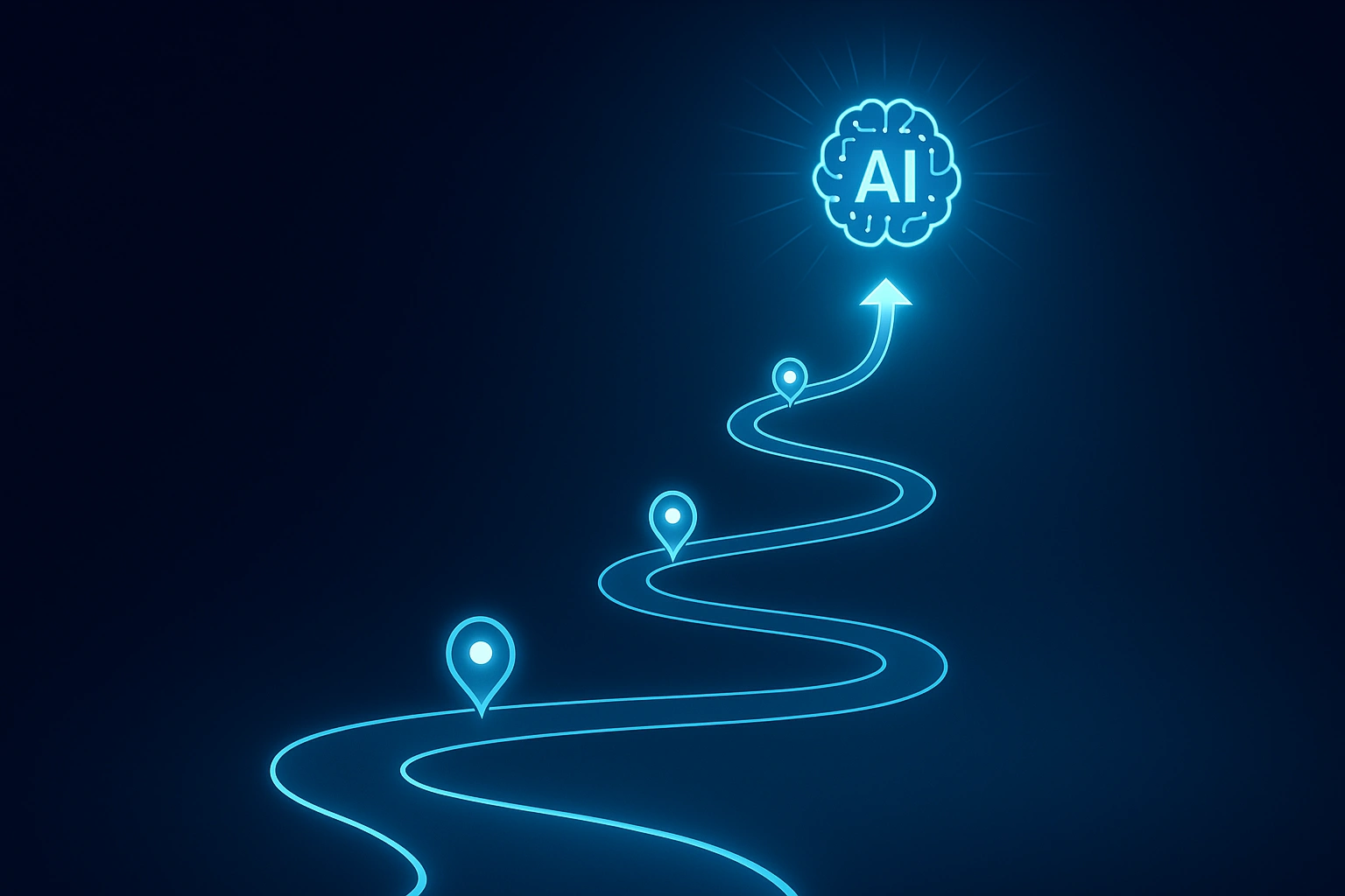 Stylized visual of a winding, illuminated path or roadmap leading upwards towards a bright, AI-symbolized future, with milestone markers along the way.